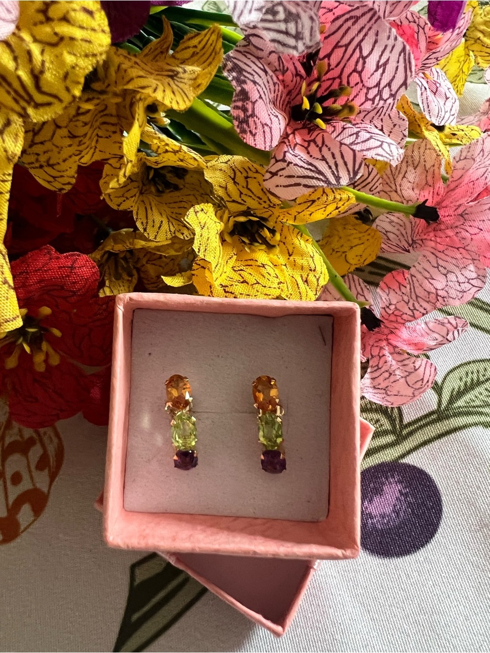 14k Solid Yellow Gold Multicolor Gemstone Earrings - Picture 12 of 12